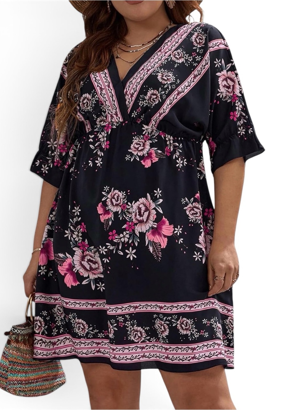 OYOANGLE Women's XXL 2XL Plus Size Boho Floral Summer V Neck A Line Short Dress